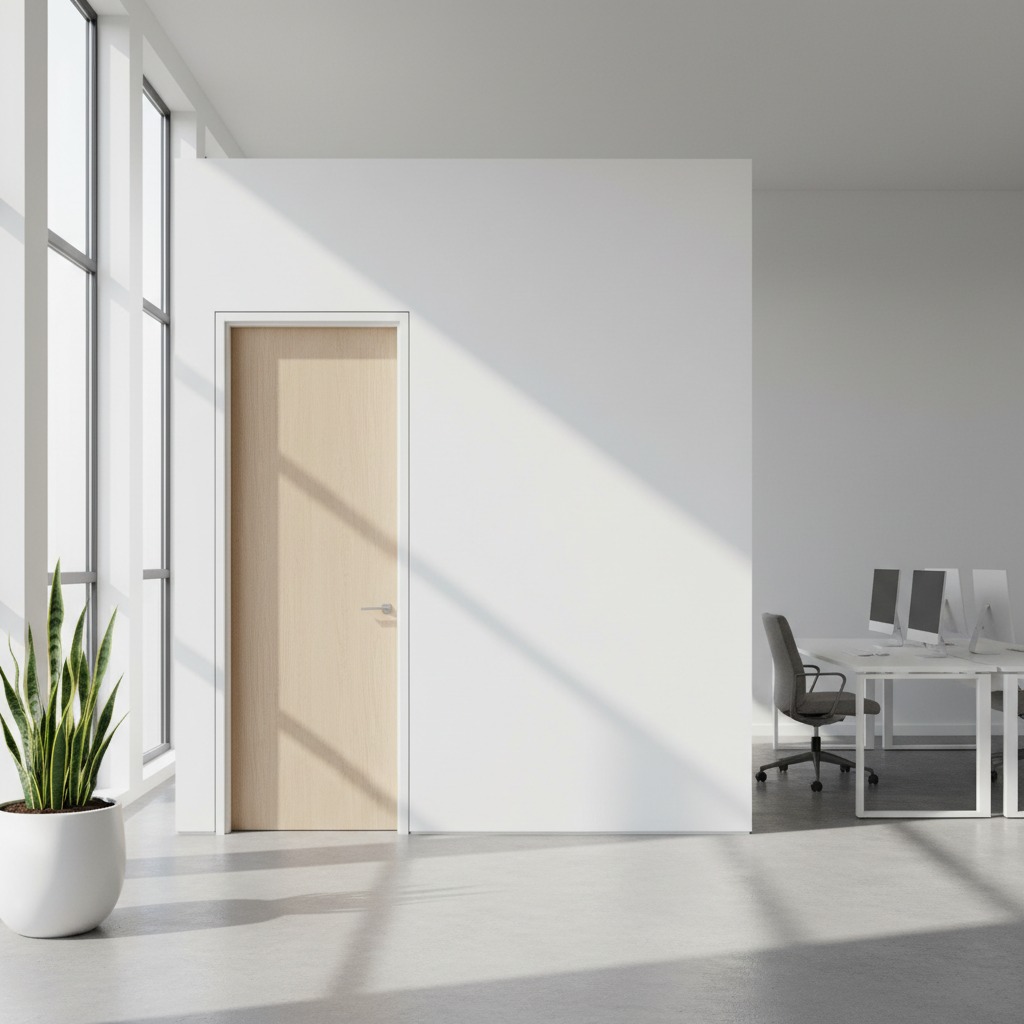 Escritório moderno com paredes brancas, uma porta de madeira clara, uma planta em um vaso e mesas de trabalho com computadores.
