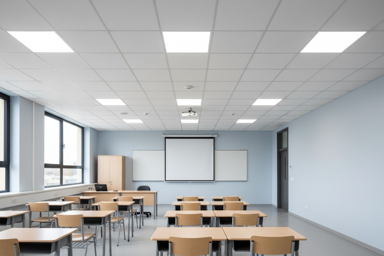 Sala de aula moderna com fileiras de mesas de madeira, lousa branca, tela de projeção e iluminação embutida no teto.